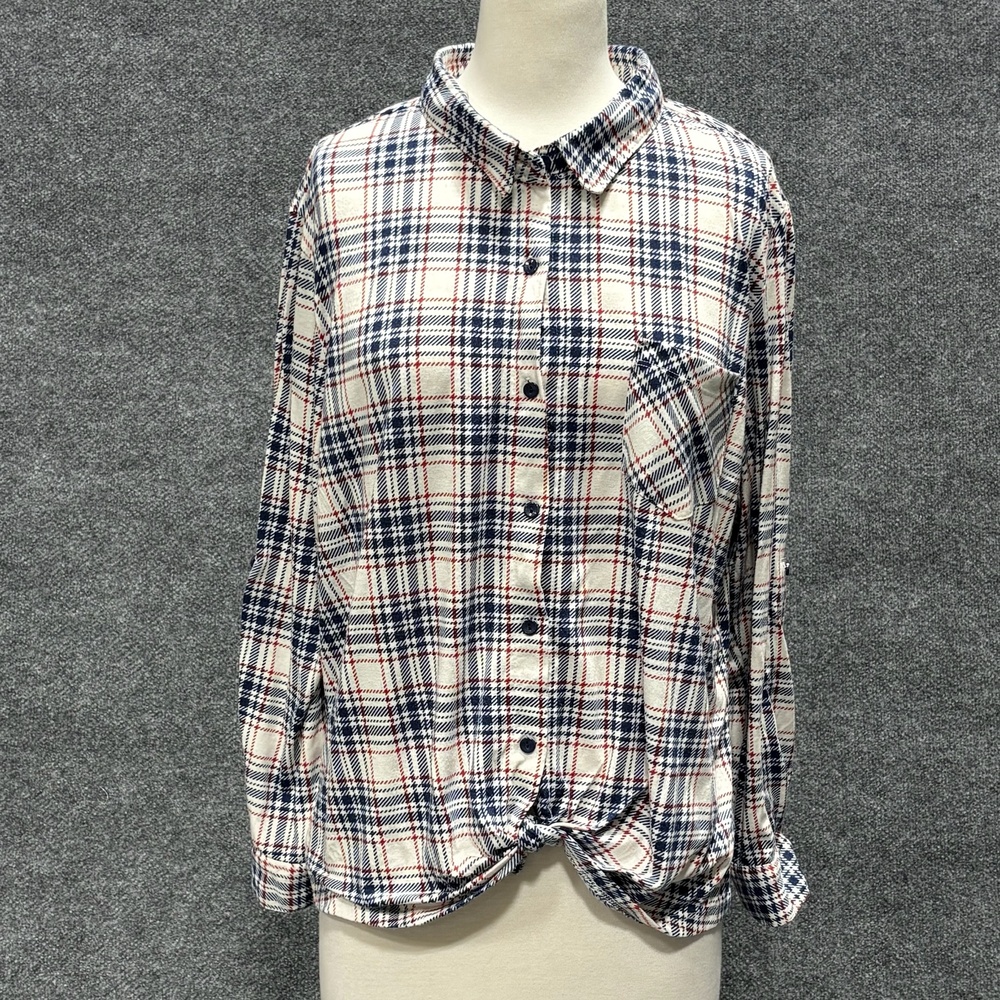 Joe Boxer Shirt Womens 2X White Plaid Flannel Roll Tab Button Long Sleeve Top